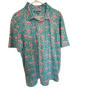 Chubbies Polo Shirt Mens LG Pink Flamingo Tropical Print Stretch Knit Casual